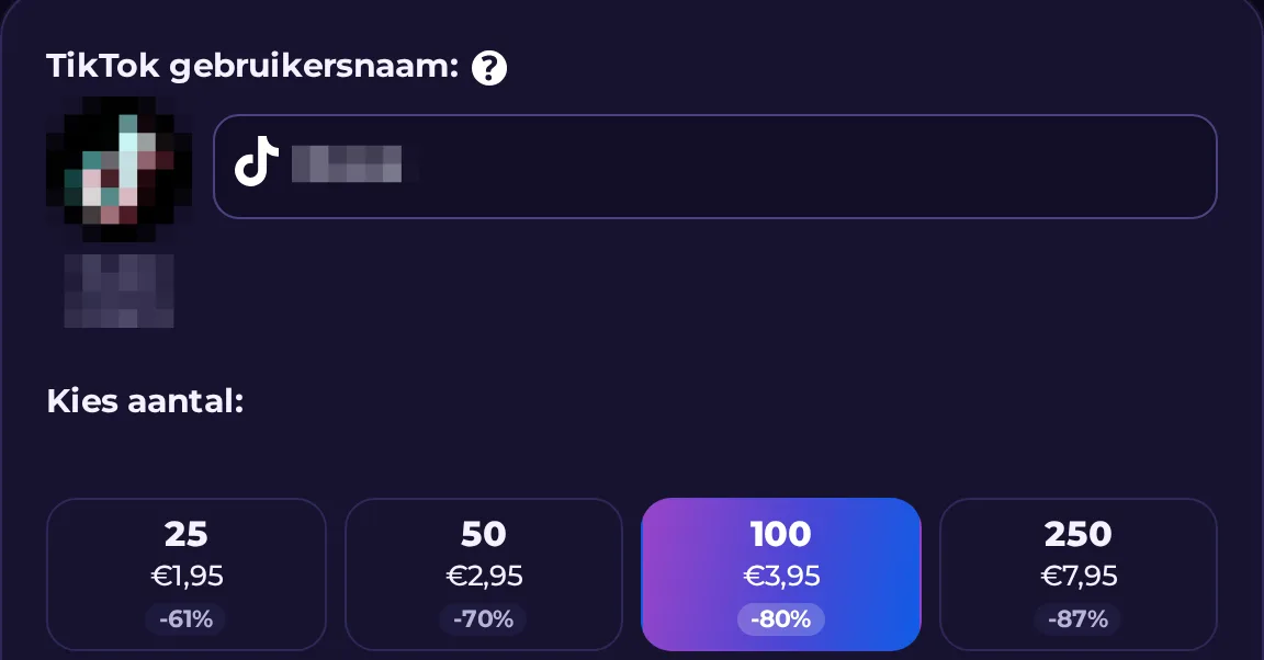 Bestelformulier voor TikTok volgers: profielfoto en aantal volgers na het invullen van de gebruikersnaam, het keuzemenu Kies aantal en een schuifbalk voor de snelheid